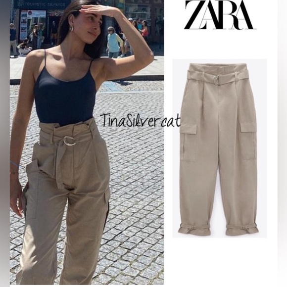 Zara Straight Cargo Pants Mid Camel - Picture 2 of 3